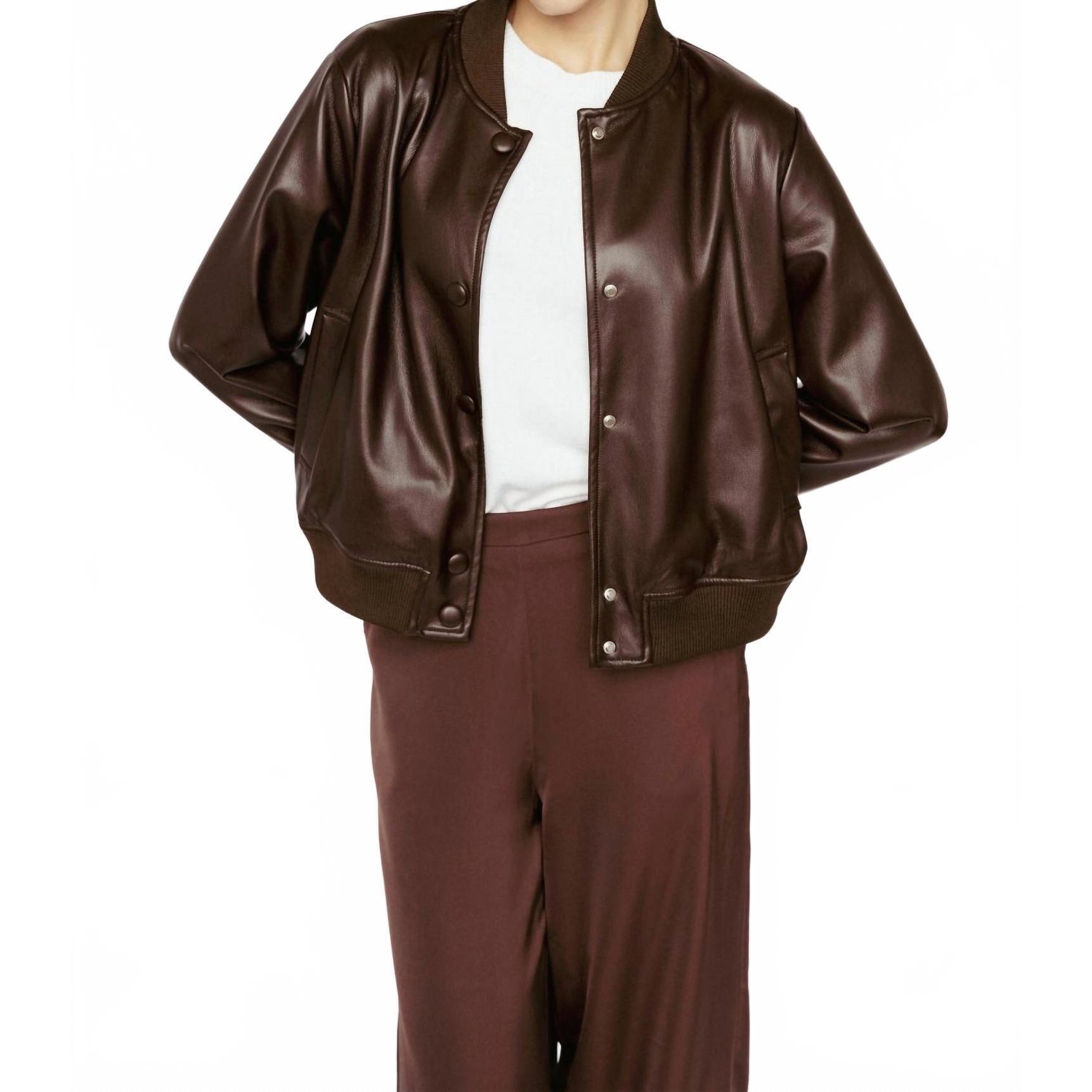 New Amanda Maria Vegan Leather Bomber Jacket In Mahogany